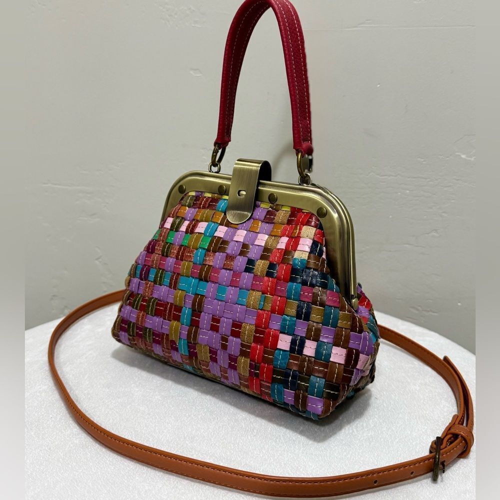 Colorful Woven Cowhide Leather Retro Metal Frame & Push Lock Handbag, Crossbody - Picture 5 of 14